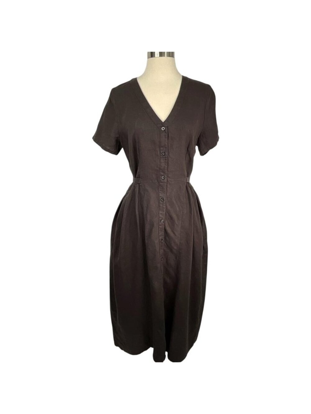 Liz Alig June Dress Womens Medium Brown Linen Button Pockets 100% Linen